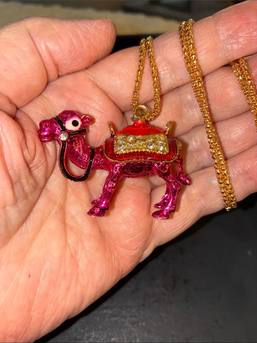 Camel Pink Enamel Pendant Necklace with Clear Crystals On The Saddle. Stands